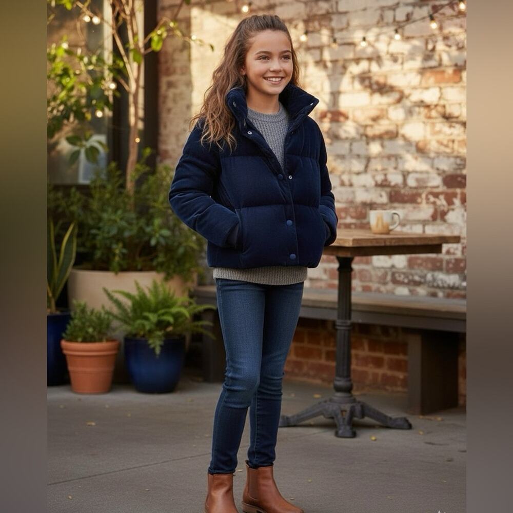 NEW SAM. Sophia Duck Down Puffer Jacket Girls 10 Velvet Navy Blue Designer Cozy